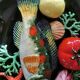 Vintage barbotine dish with fish decoration in relief