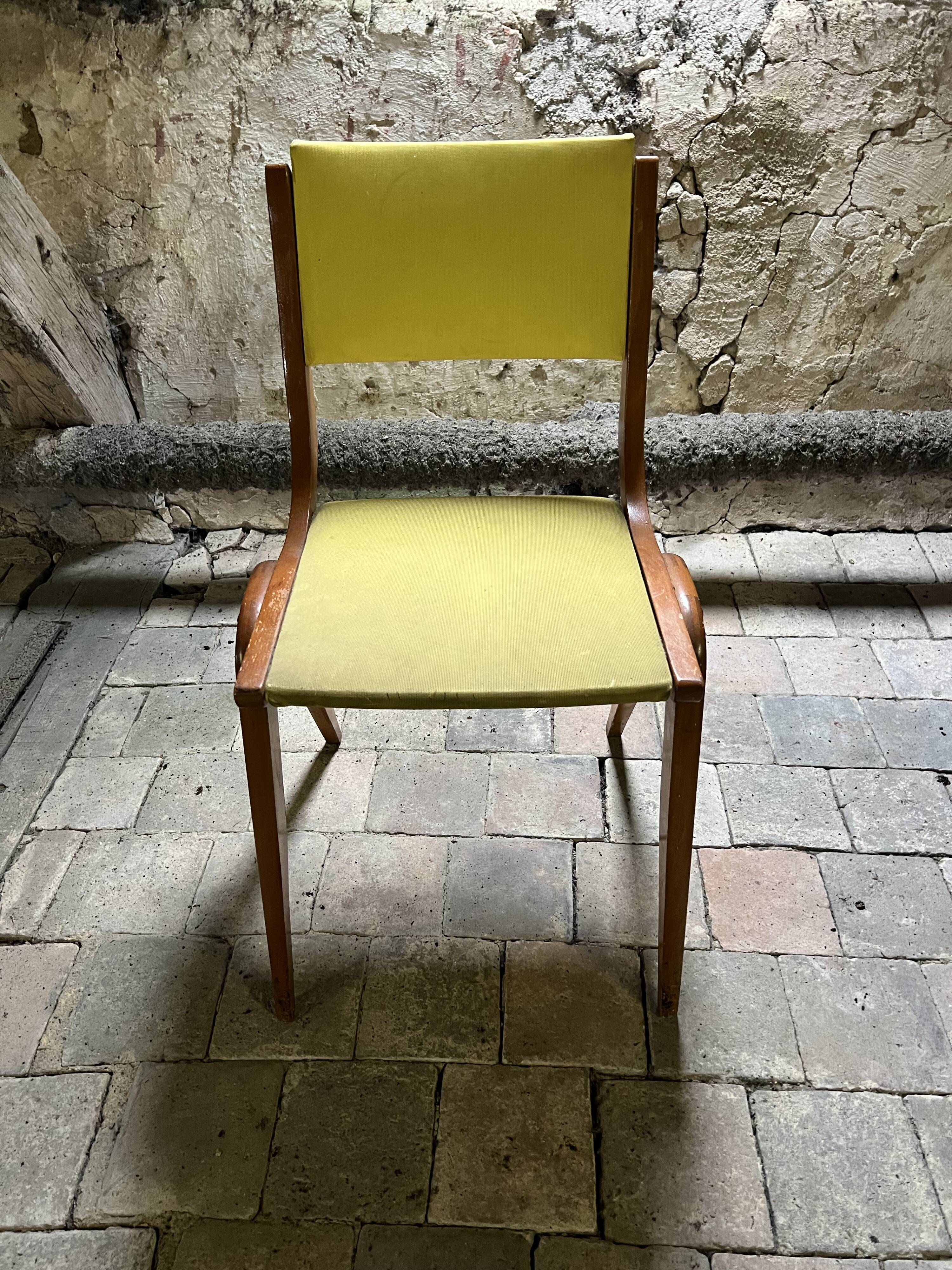 Vintage modernist chair in curved wood and yellow leatherette - 50s/60s