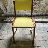 Vintage modernist chair in curved wood and yellow leatherette - 50s/60s