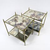 Set of 2 French brass and mirror side tables, 1970s