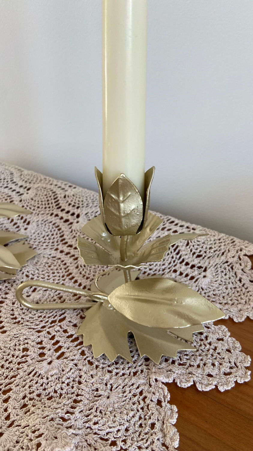 Pair of vintage flower candle holders in gold painted metal