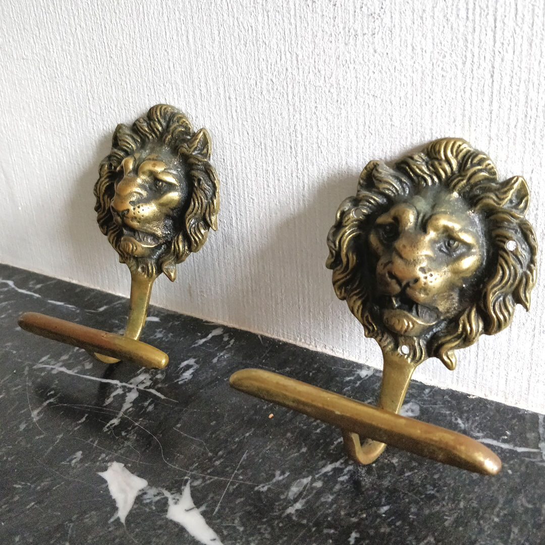 Pair of brass lion head patères