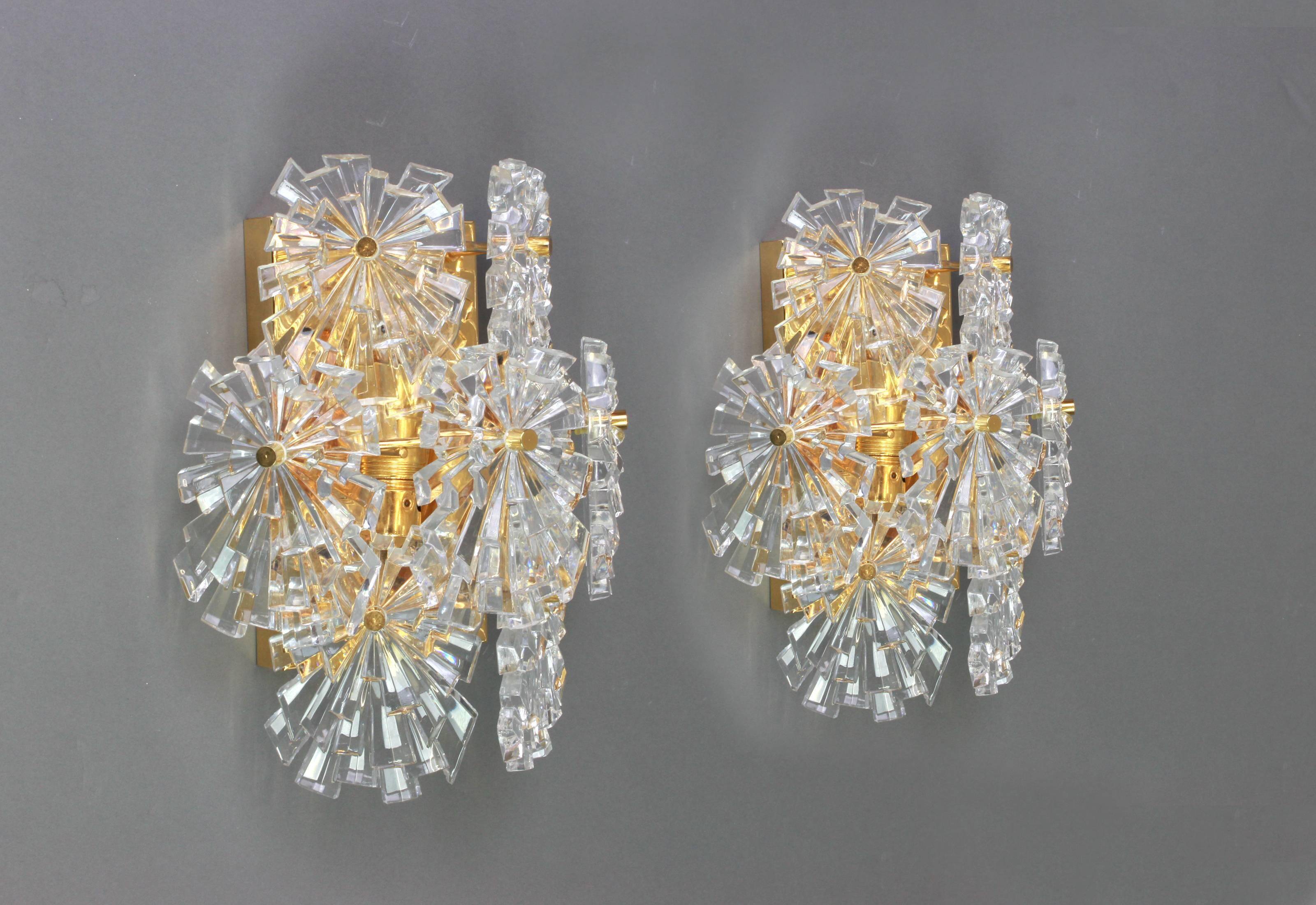 Magnificent pair of crystal wall lights by Kinkeldey, Germany, 1970s.