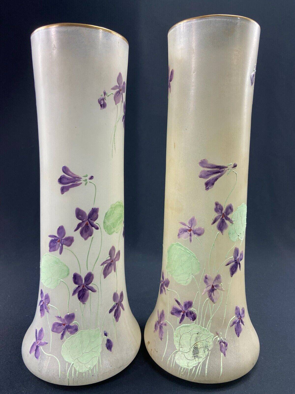 Large pair of glass vases with enameled floral decoration from the early 20th century LEGRAS