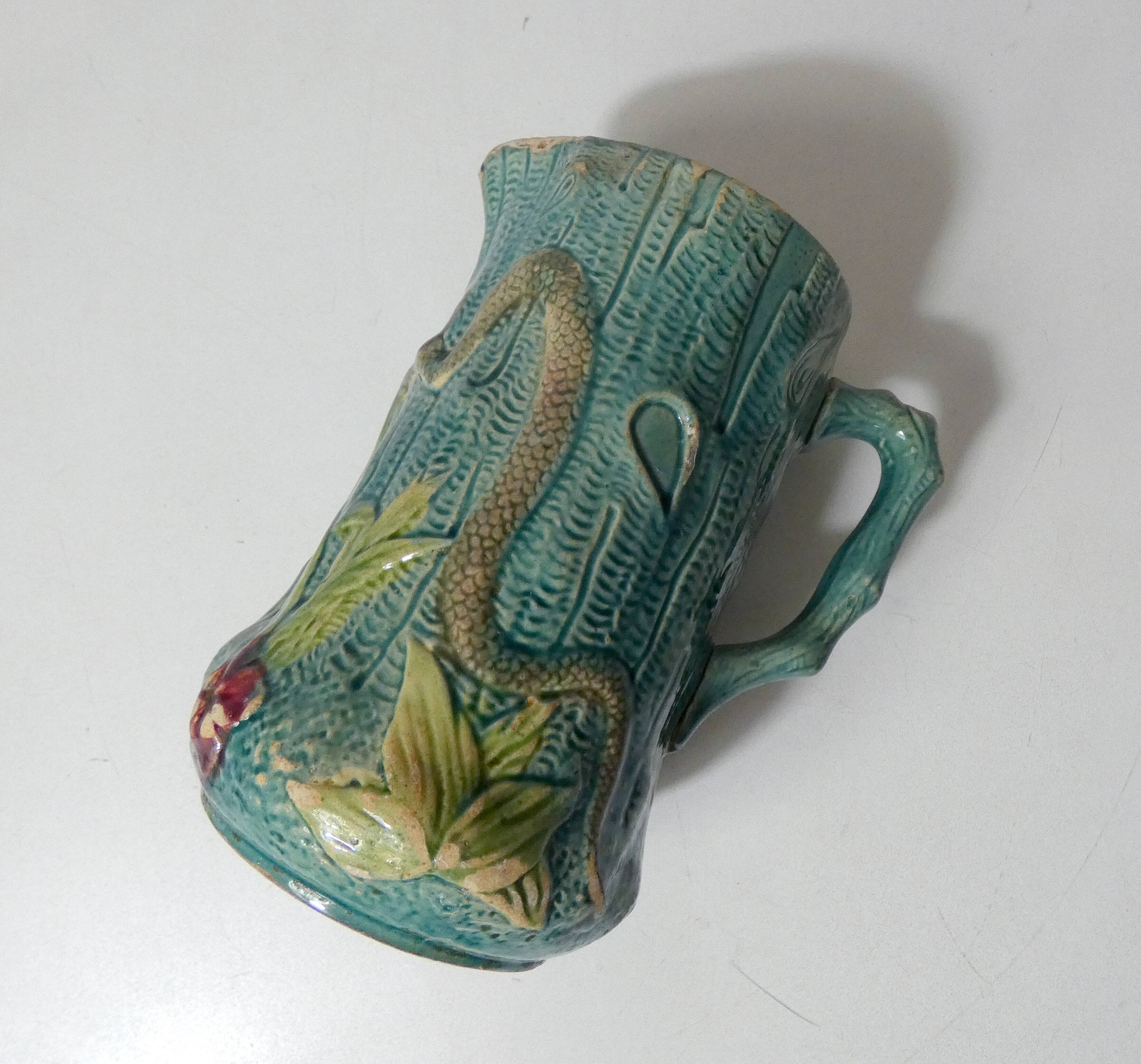 Antique turquoise Art Deco majolica pitcher vase with a snake motif