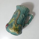 Antique turquoise Art Deco majolica pitcher vase with a snake motif