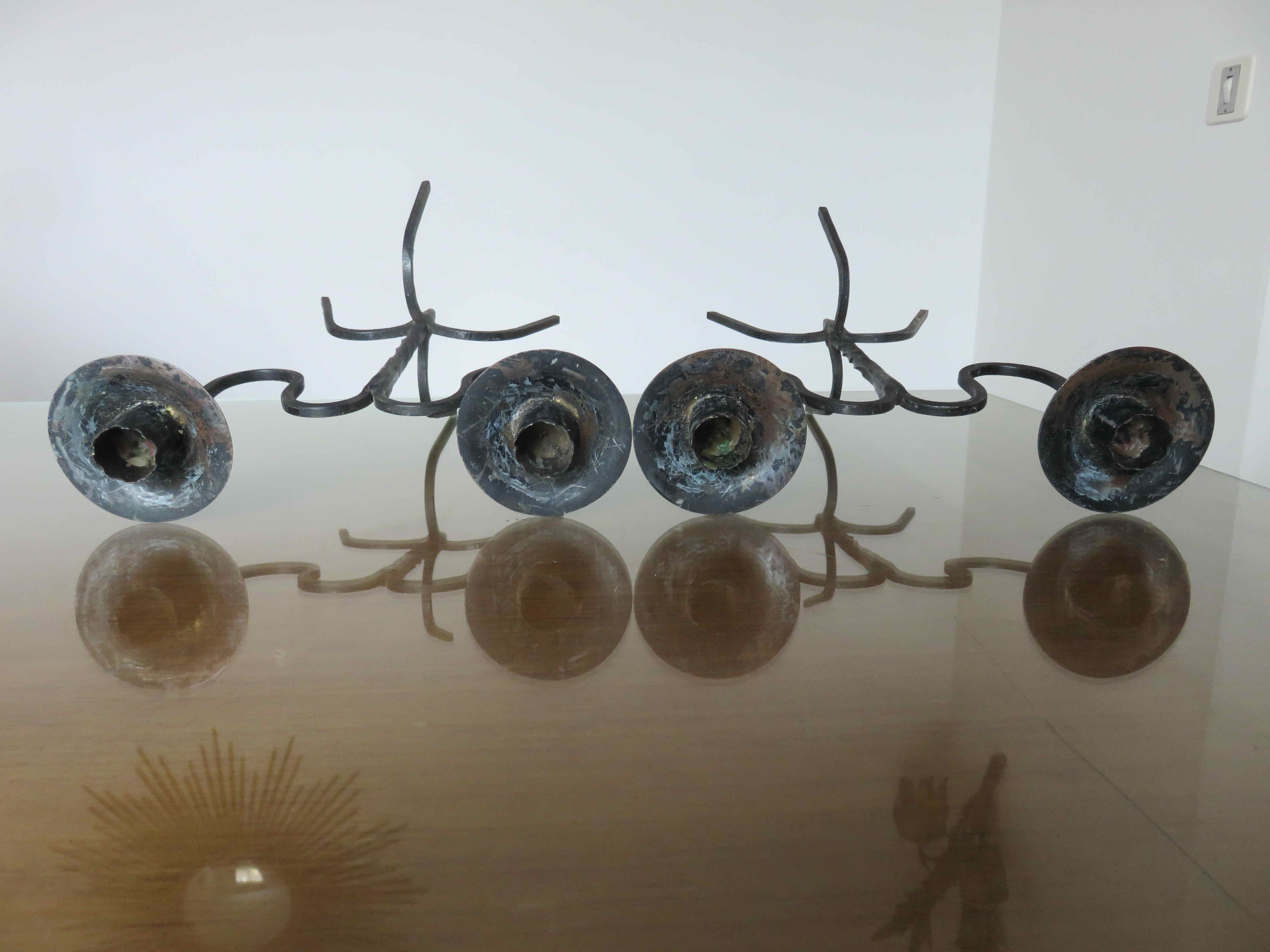 Pair of black wrought iron brutalist candlesticks 50s 60s