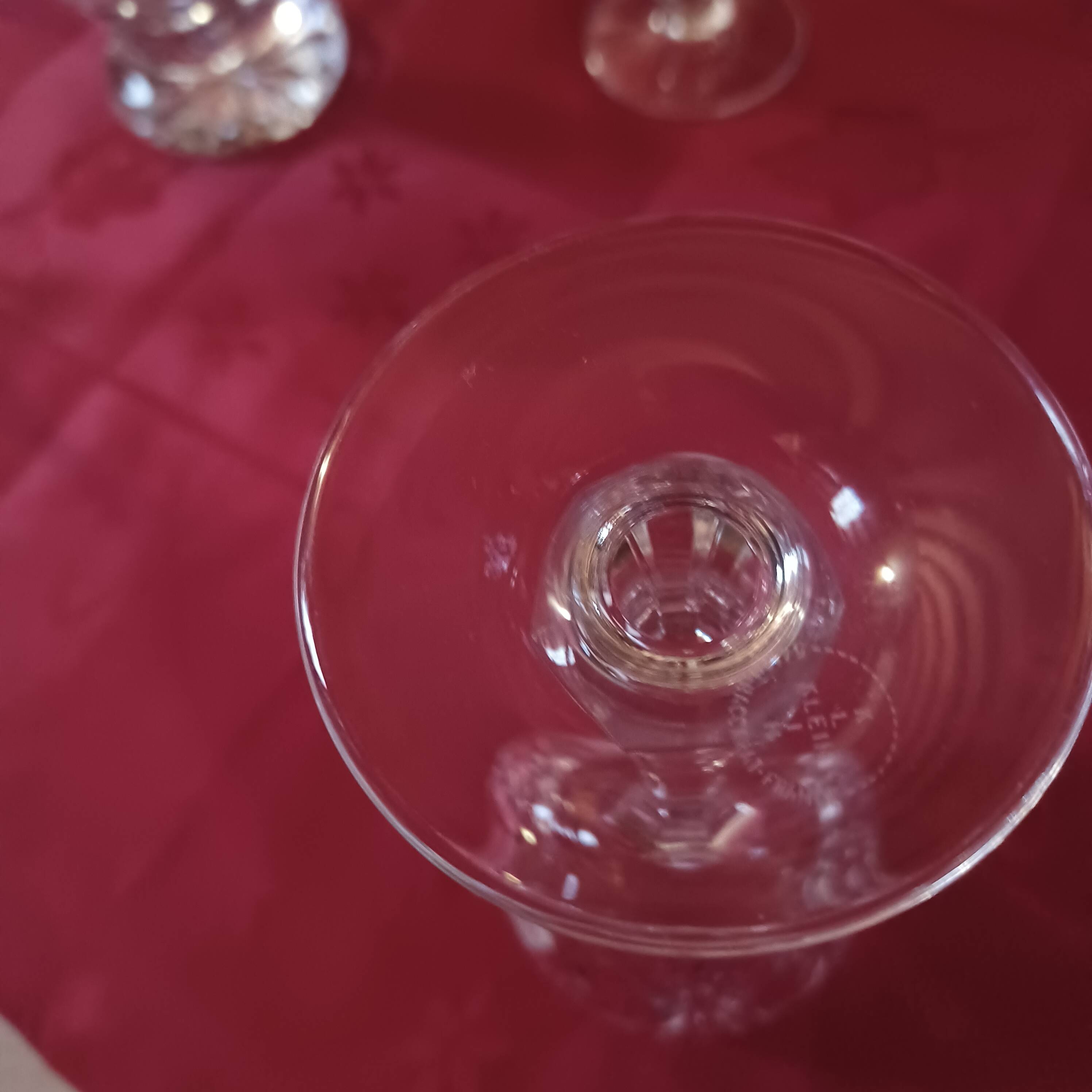 Crystal wine glasses cut by Baccarat with a jug.
