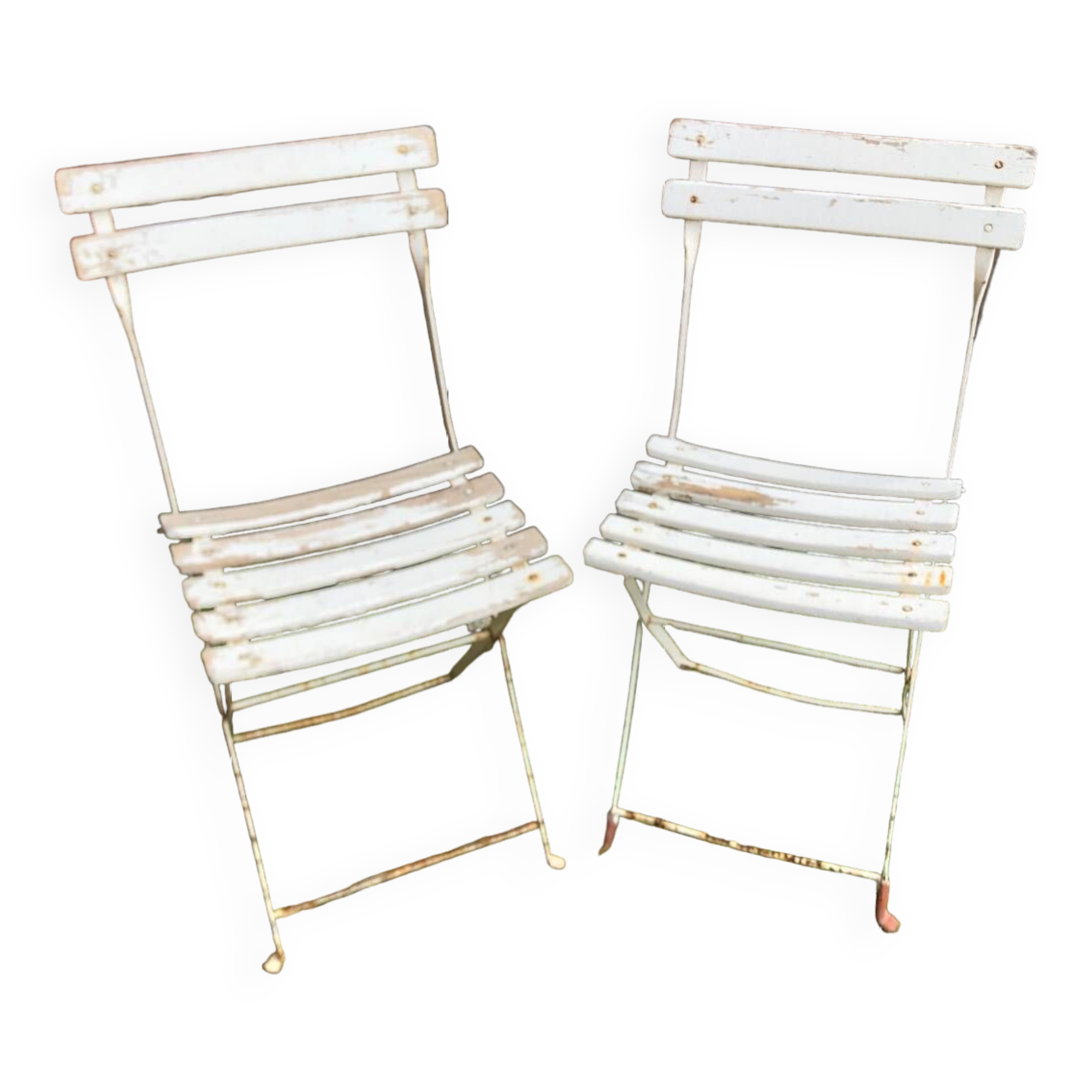 Pair of vintage white metal & wood folding garden chairs