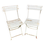 Paire de chaise pliante de jardin en métal & bois blanc vintage