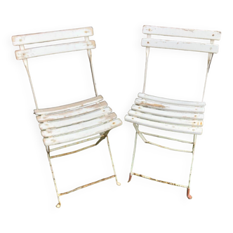 Paire de chaise pliante de jardin en métal & bois blanc vintage