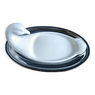 Ceramic foie gras dish and metal tray
