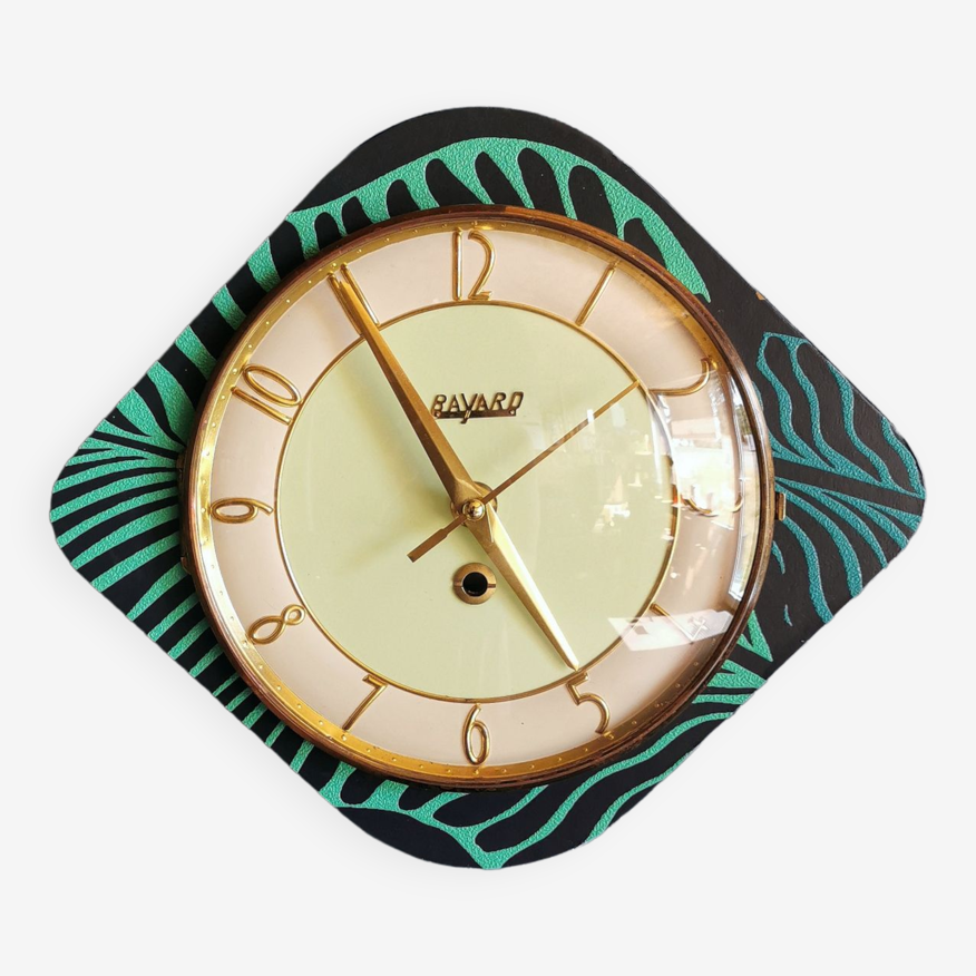 Horloge formica vintage pendule murale silencieuse "Bayard vert jaune noir"  | Selency