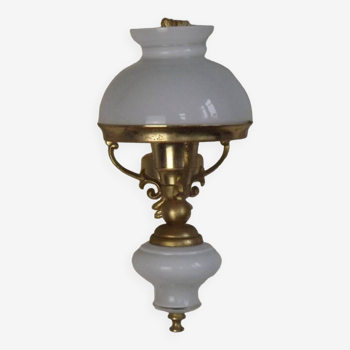 French lantern style gold metal wall light with white glass shade & finial 4709