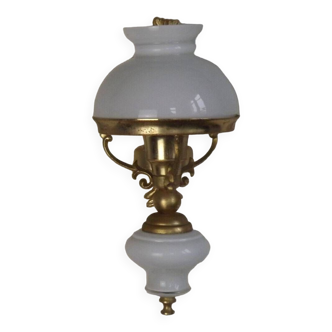 French lantern style gold metal wall light with white glass shade & finial 4709