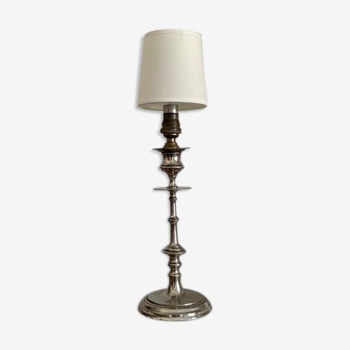 Lampe de table en métal argenté et coton blanc