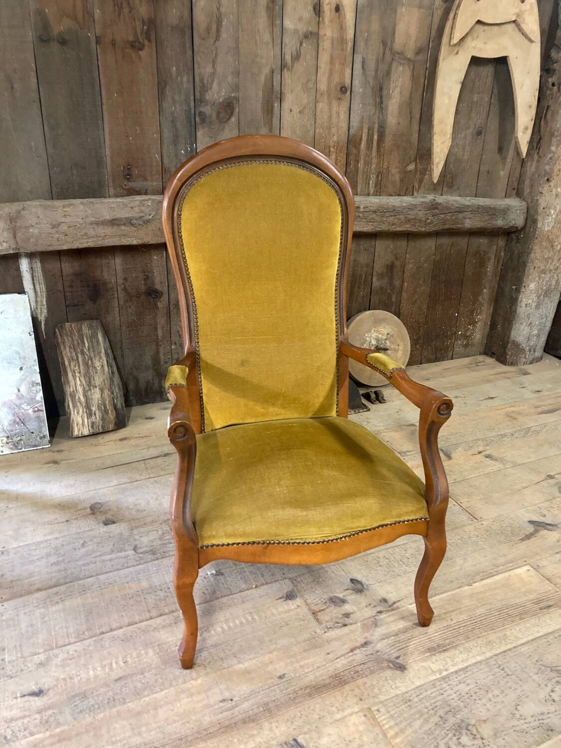Voltaire armchair yellow velvet 19th century mahogany