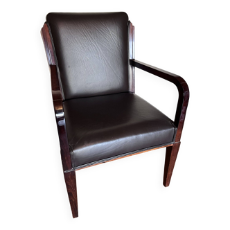 Solid rosewood office armchair reupholstered in tan leather with geometric decor