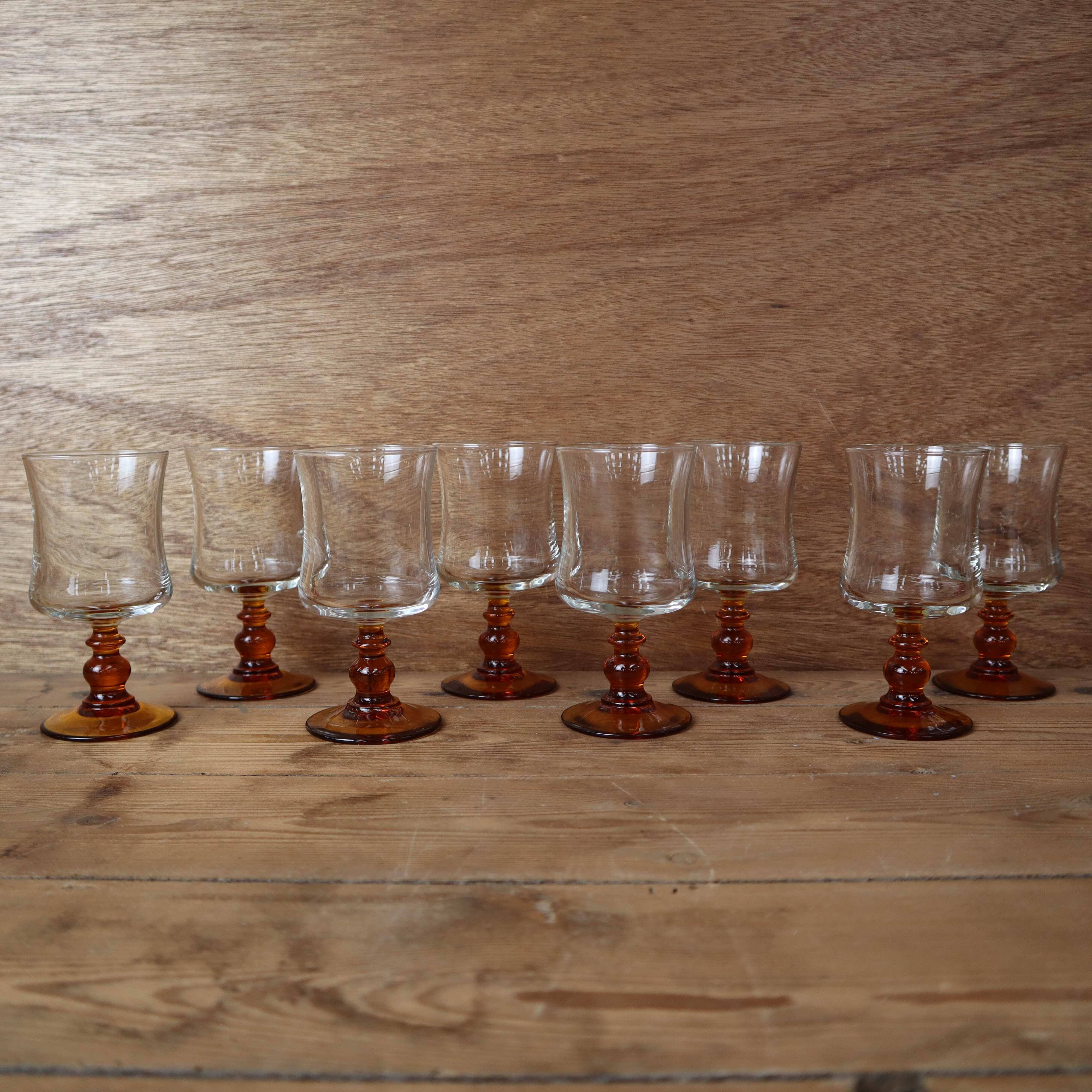 8 Luminarc "Antique" amber-stemmed white wine glasses