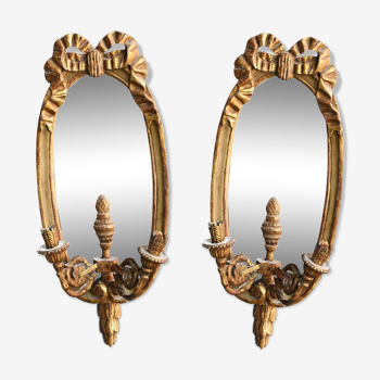 Pair of wall mirror 2 light wooden gilded and painted Louis XVI style