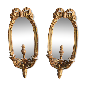 Pair of wall mirror 2 light wooden gilded and painted Louis XVI style