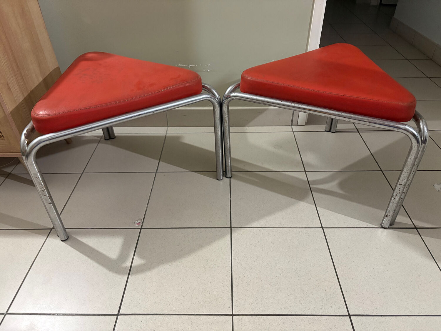 Vintage Bauhaus orange triangular stools