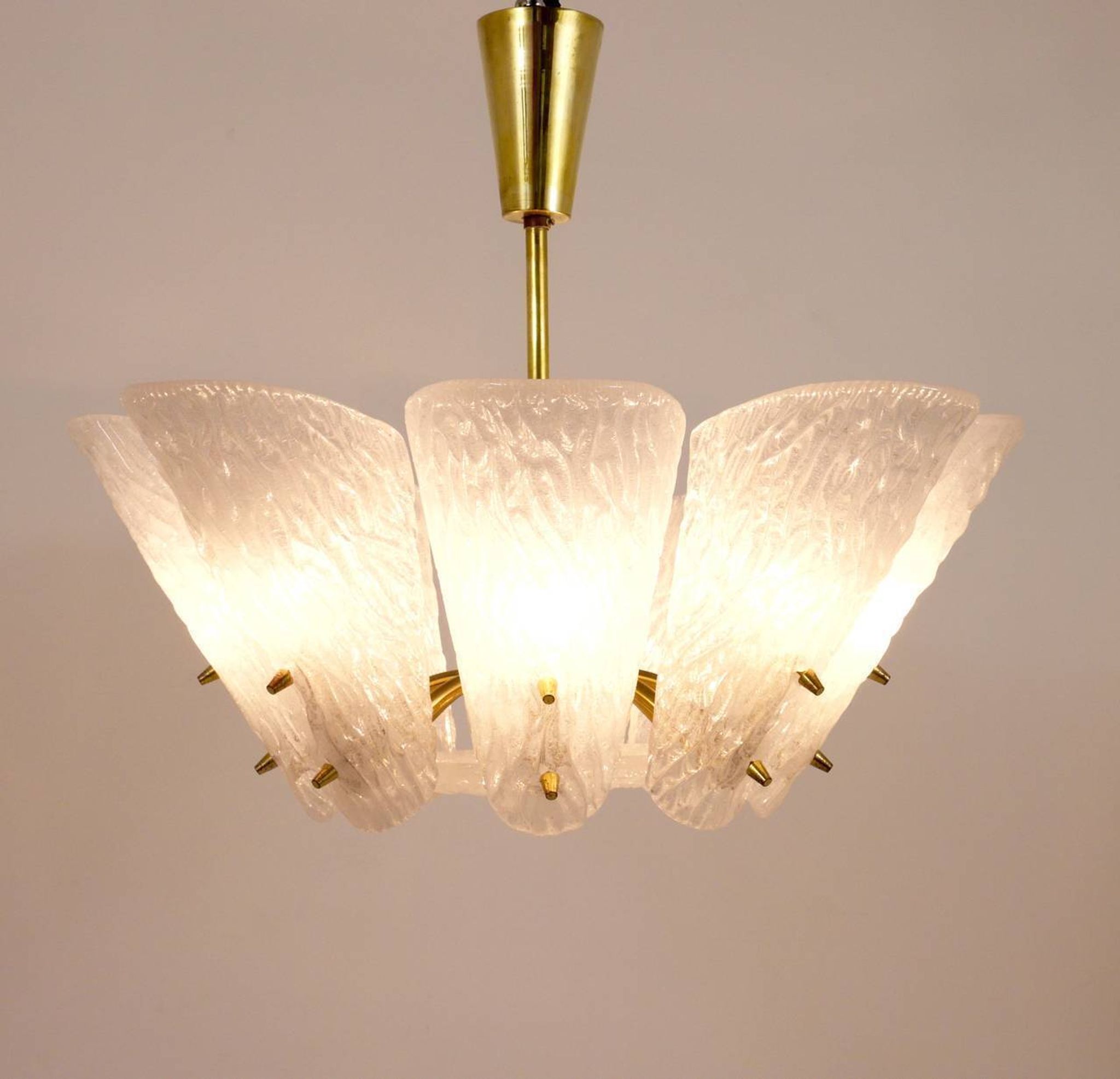 J. T. Kalmar Mid-Century Brass Suspension, Textured White Glass, 1950s