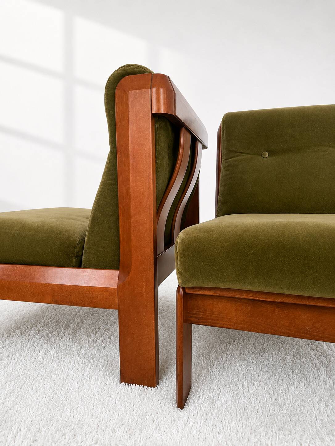 Guilleumas armchair. Upholstered in olive green velvet. Spain 70s
