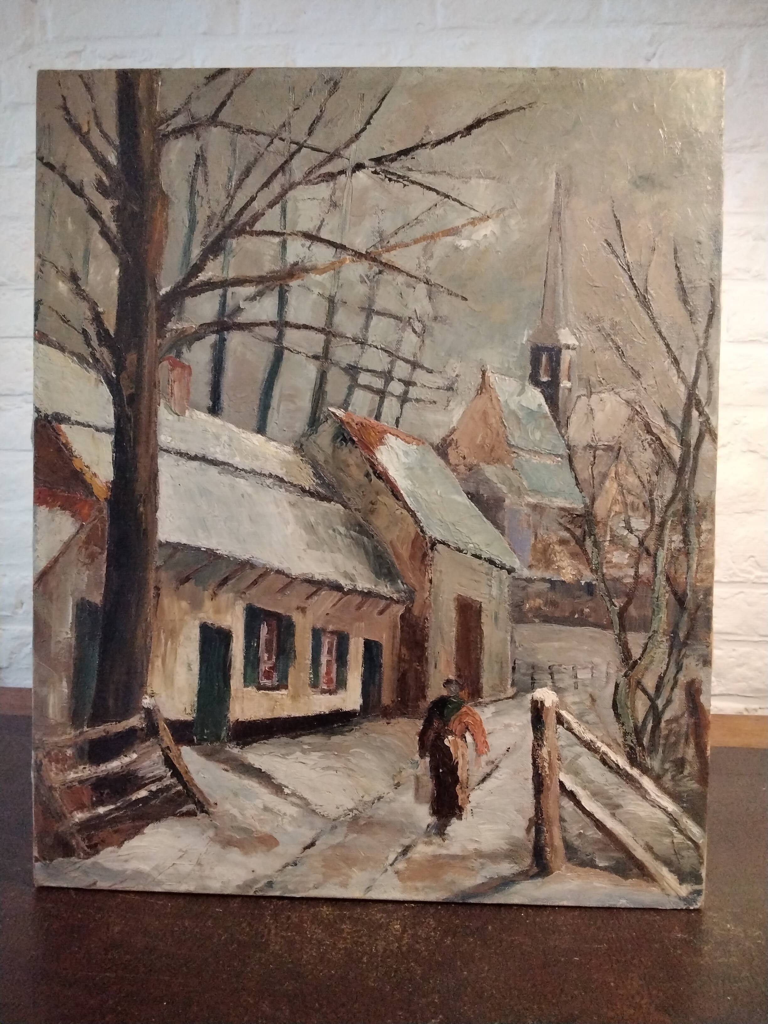 Oil on canvas landscape of a snowy cottage