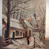 Oil on canvas landscape of a snowy cottage