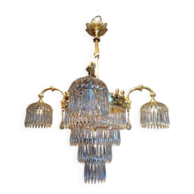 Lustre à pampilles ancien cristal est bronze époque XIXeme