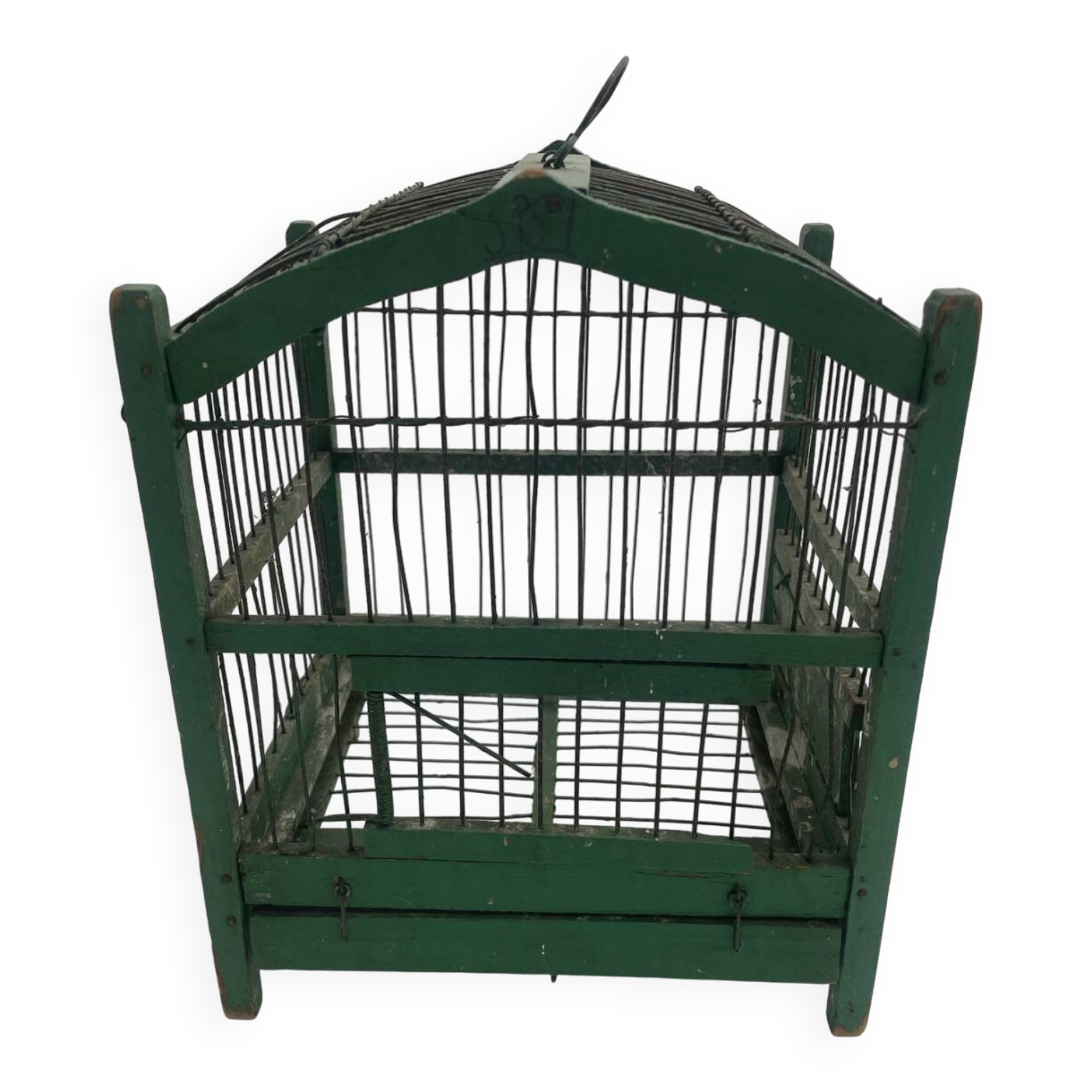 Ancienne petite cage à oiseaux verte en bois
