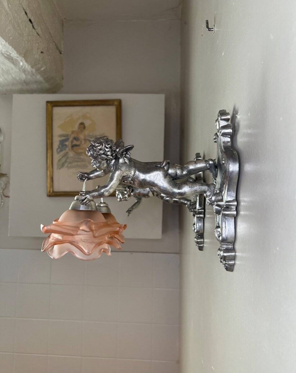 Pair of wall sconces, cherubs, angels, silvered