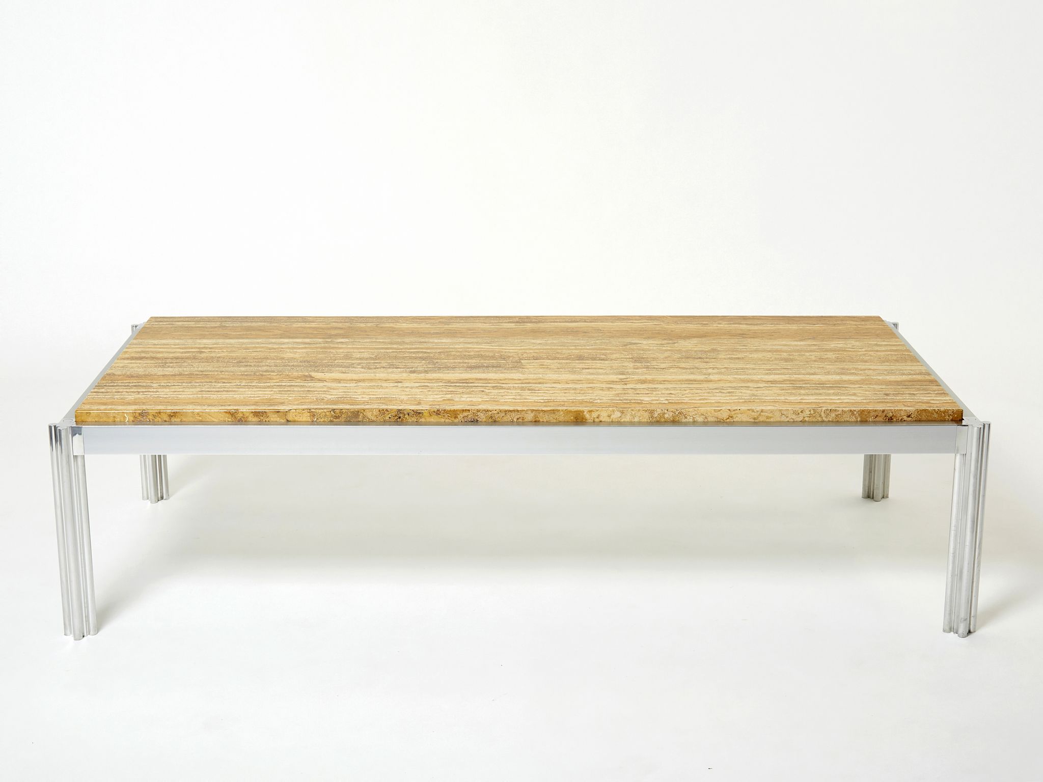Table basse chrome aluminium travertin jaune George Ciancimino 1975