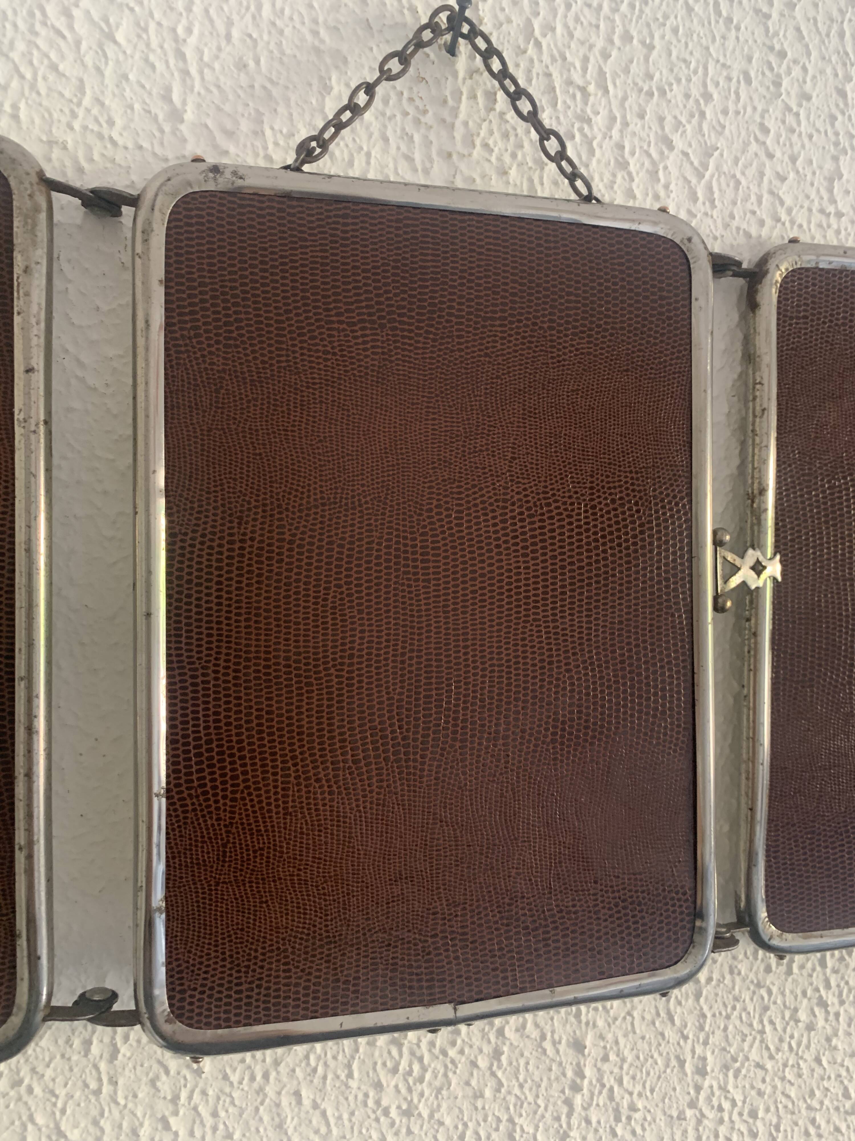 Vintage 1940s chocolate chrome barber triptych mirror - 21 x 49 cm