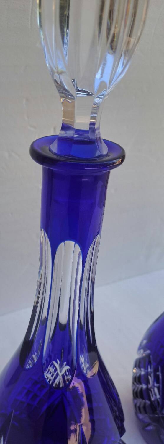 Pair of cobalt blue crystal decanters