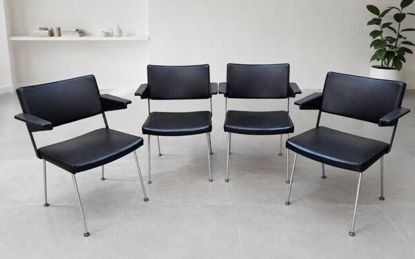 Chaises Gispen Cordemeyer 1265 vintage (années 60) en skai noir (4x)