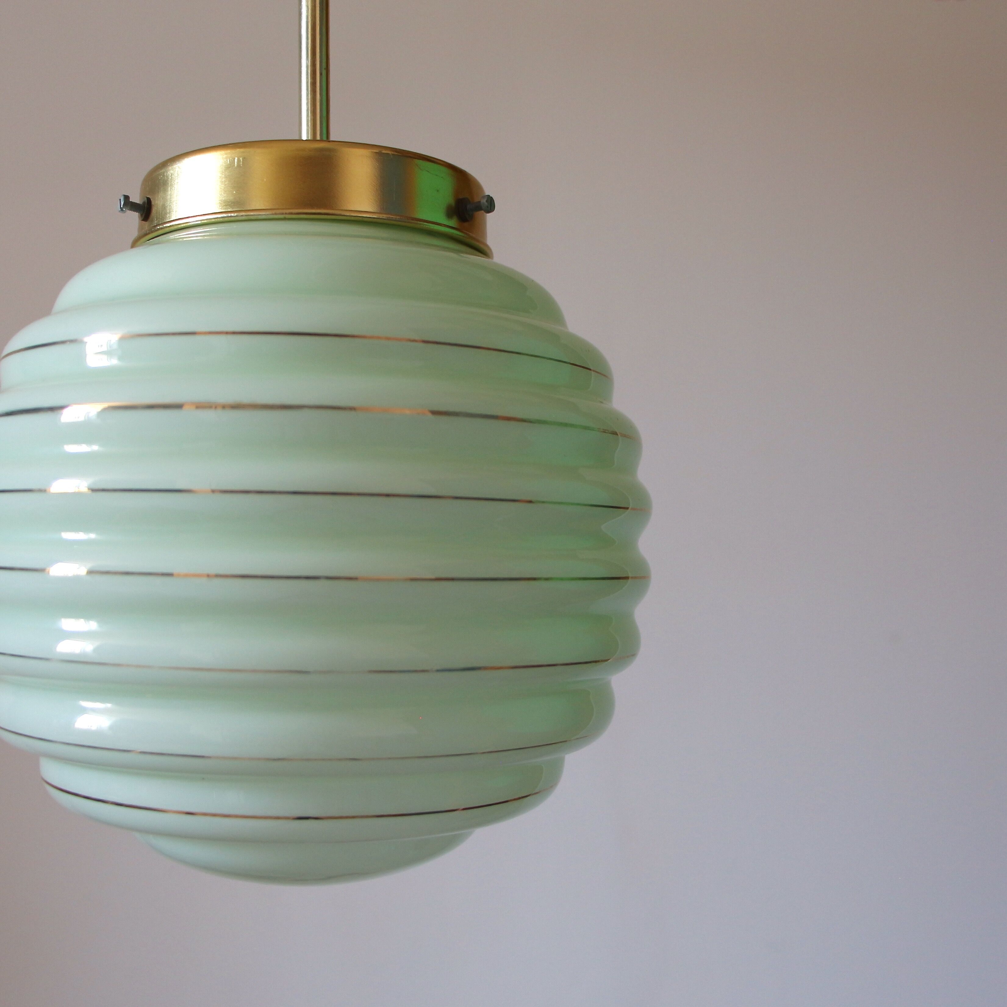 Pale green and golden opaline pendant lamp