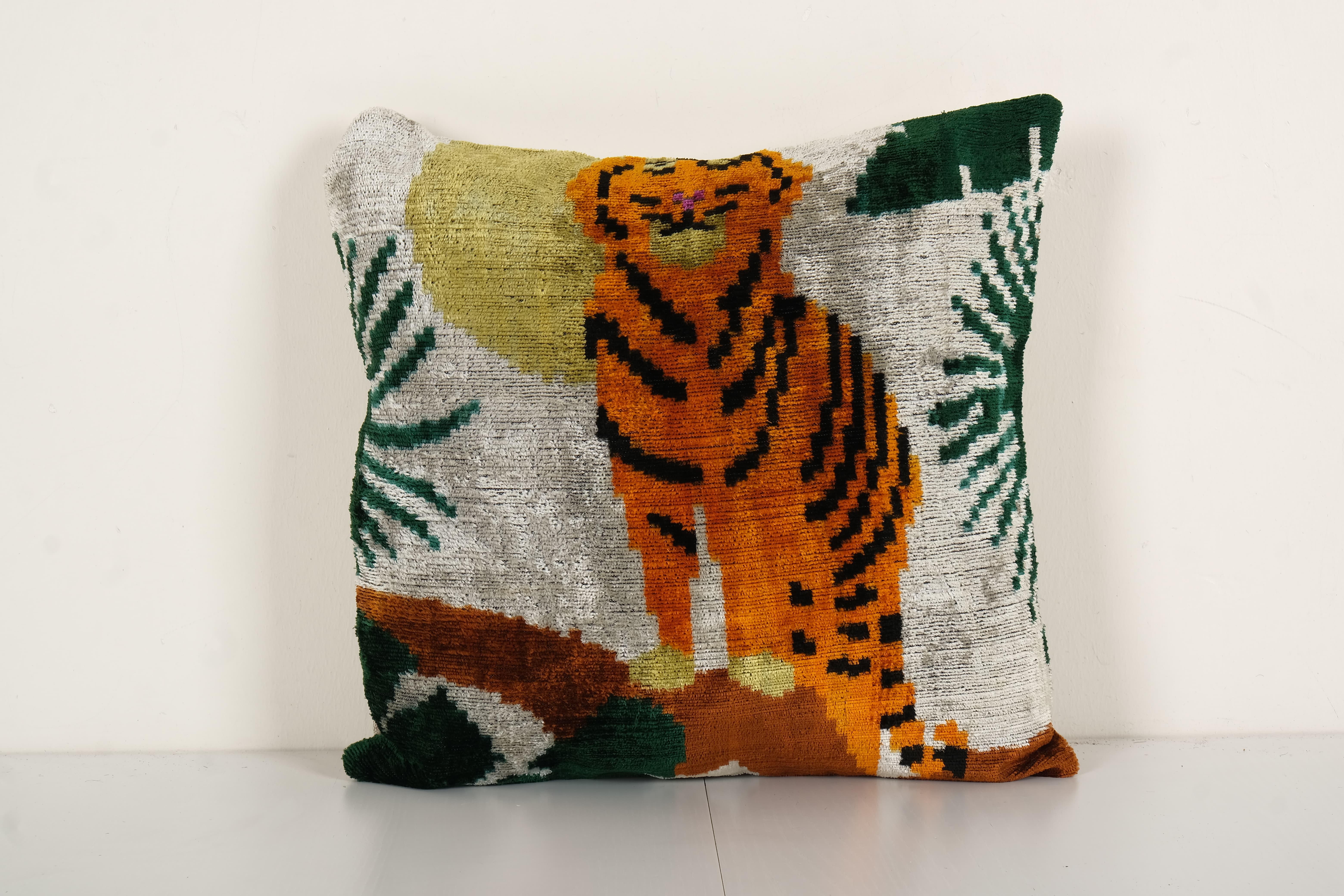 Square Silk Tiger Ikat Velvet Pillow, Yellow Animal Pattern Ethnic Cushion, Handloom Ethnic Pillow