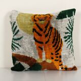 Square Silk Tiger Ikat Velvet Pillow, Yellow Animal Pattern Ethnic Cushion, Handloom Ethnic Pillow
