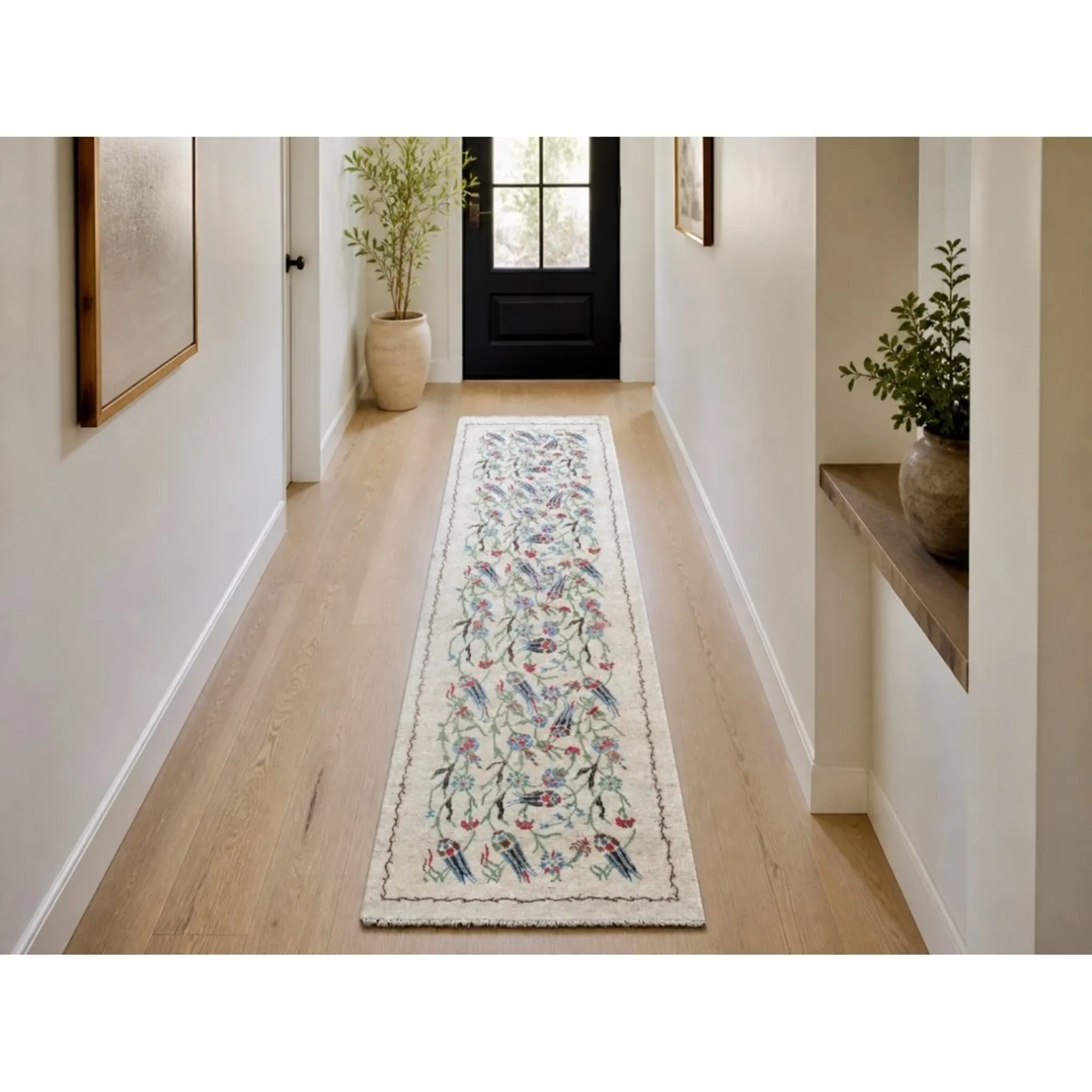 Hand-Knotted Silk Runner Rug for Hallway, Ivory Floral Vine Design Rug for Kitchen
