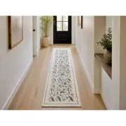 Hand-Knotted Silk Runner Rug for Hallway, Ivory Floral Vine Design Rug for Kitchen