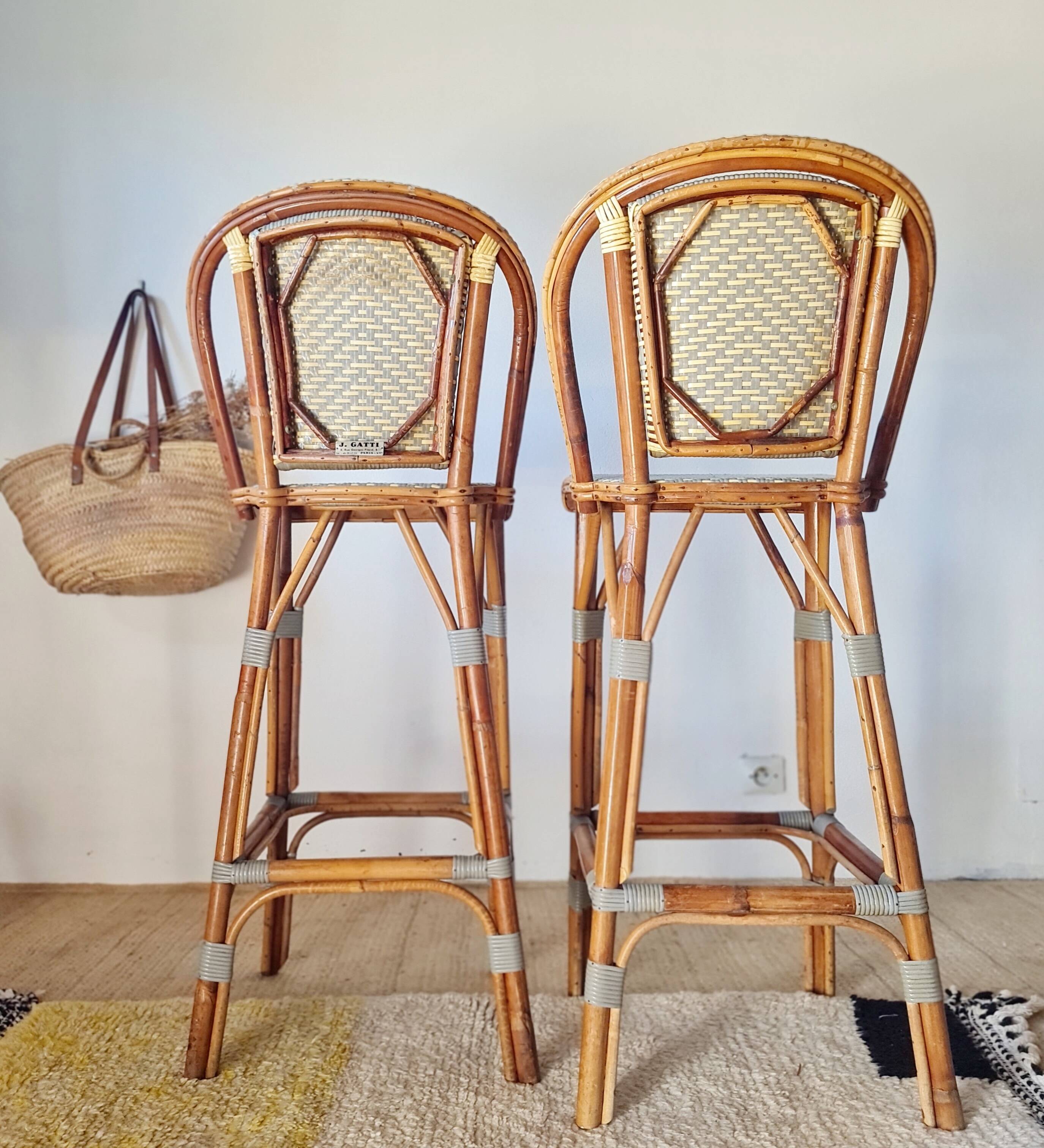 Vintage Gaty bar stools in two-tone rattan and cane.