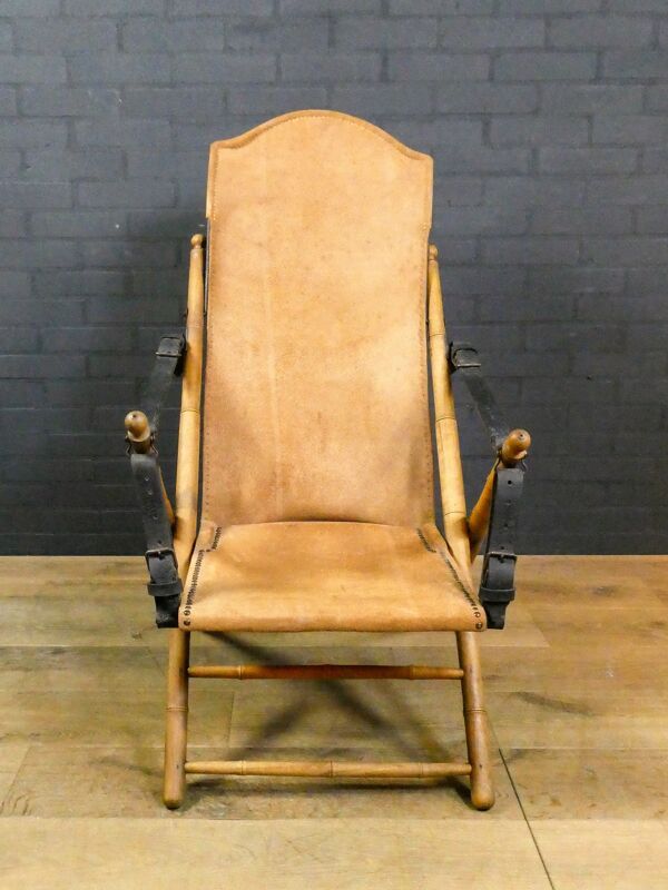 Chaise pliante de salon de campagne de safari antique, Espagne 19ème siècle