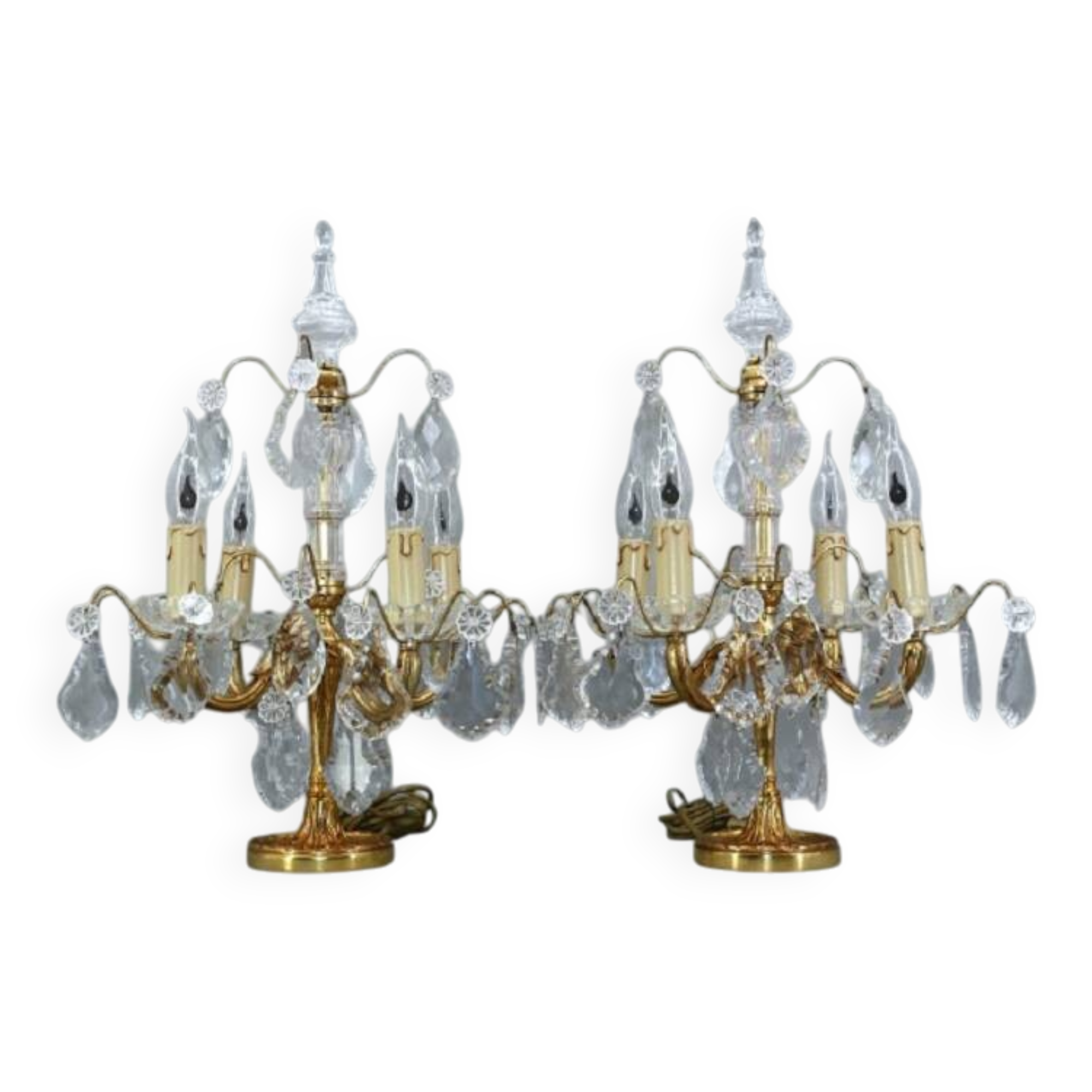 Pair of Louis XV Style Bronze & Crystal Chandeliers with 4 Lights
