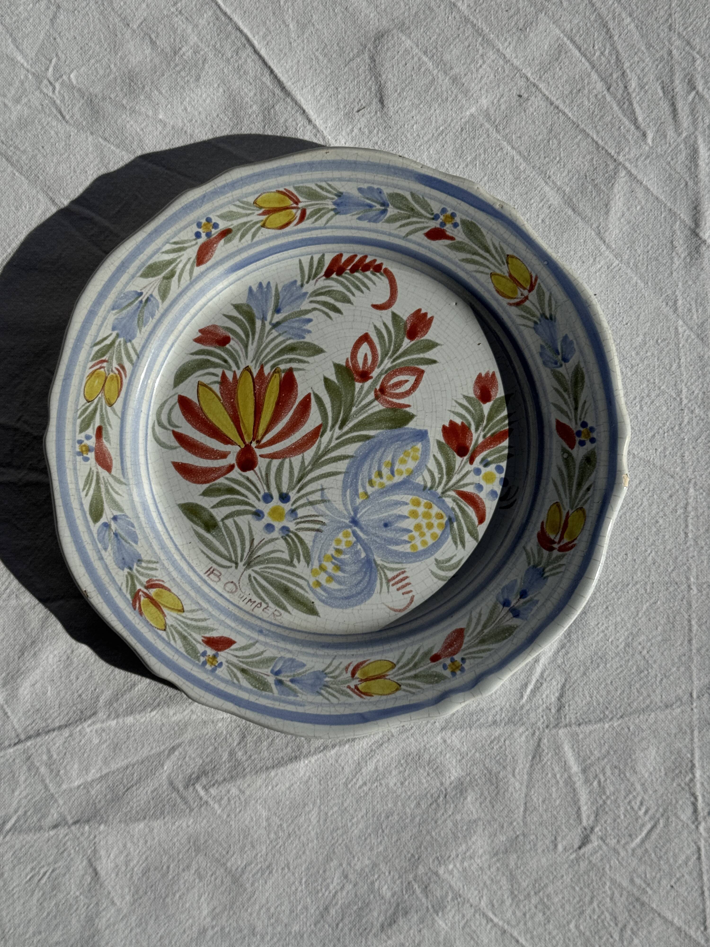 Antique decorative plate IB Quimper with polychrome floral decoration D24