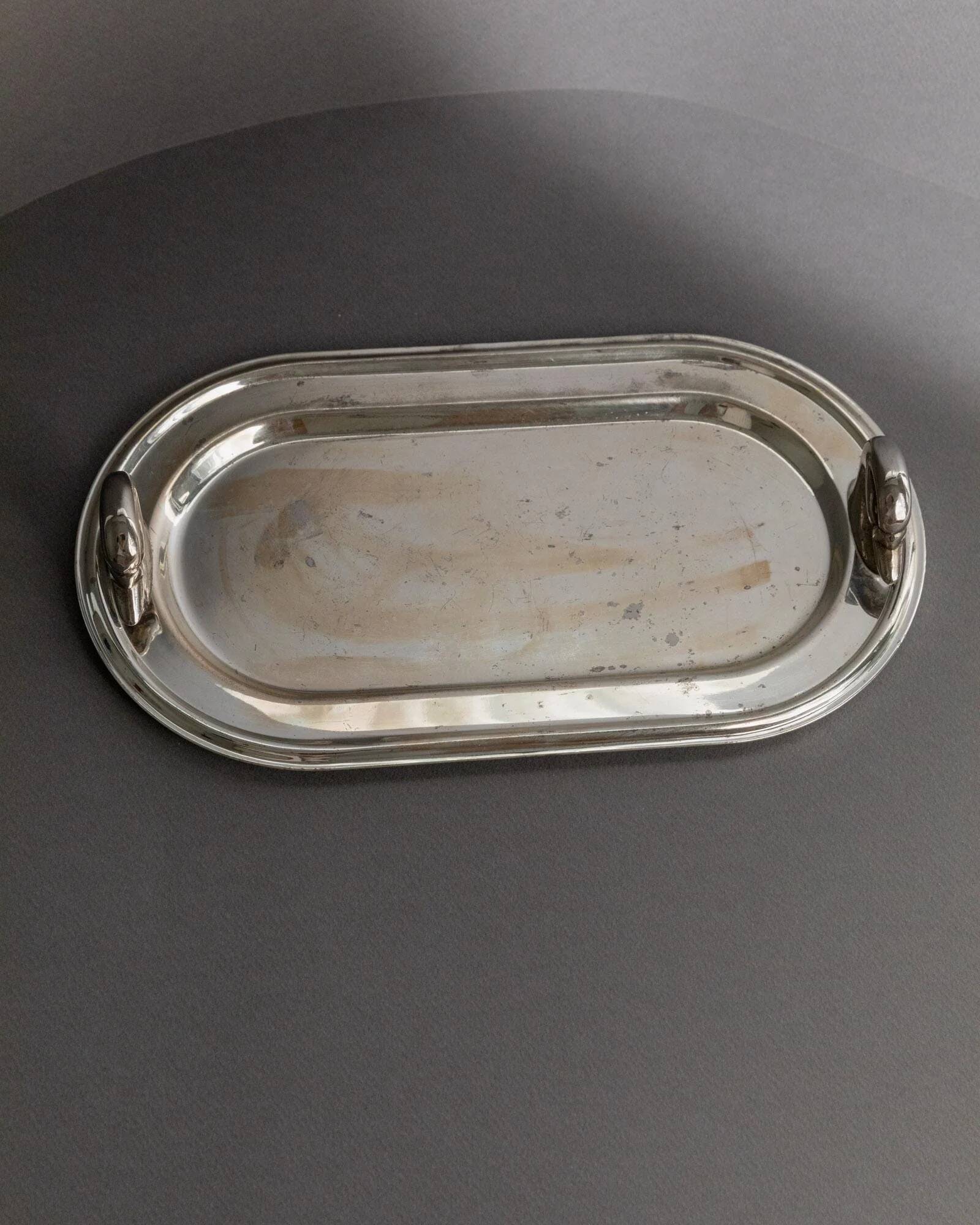 1960s vintage silver-plated oval tray with swan head handles.