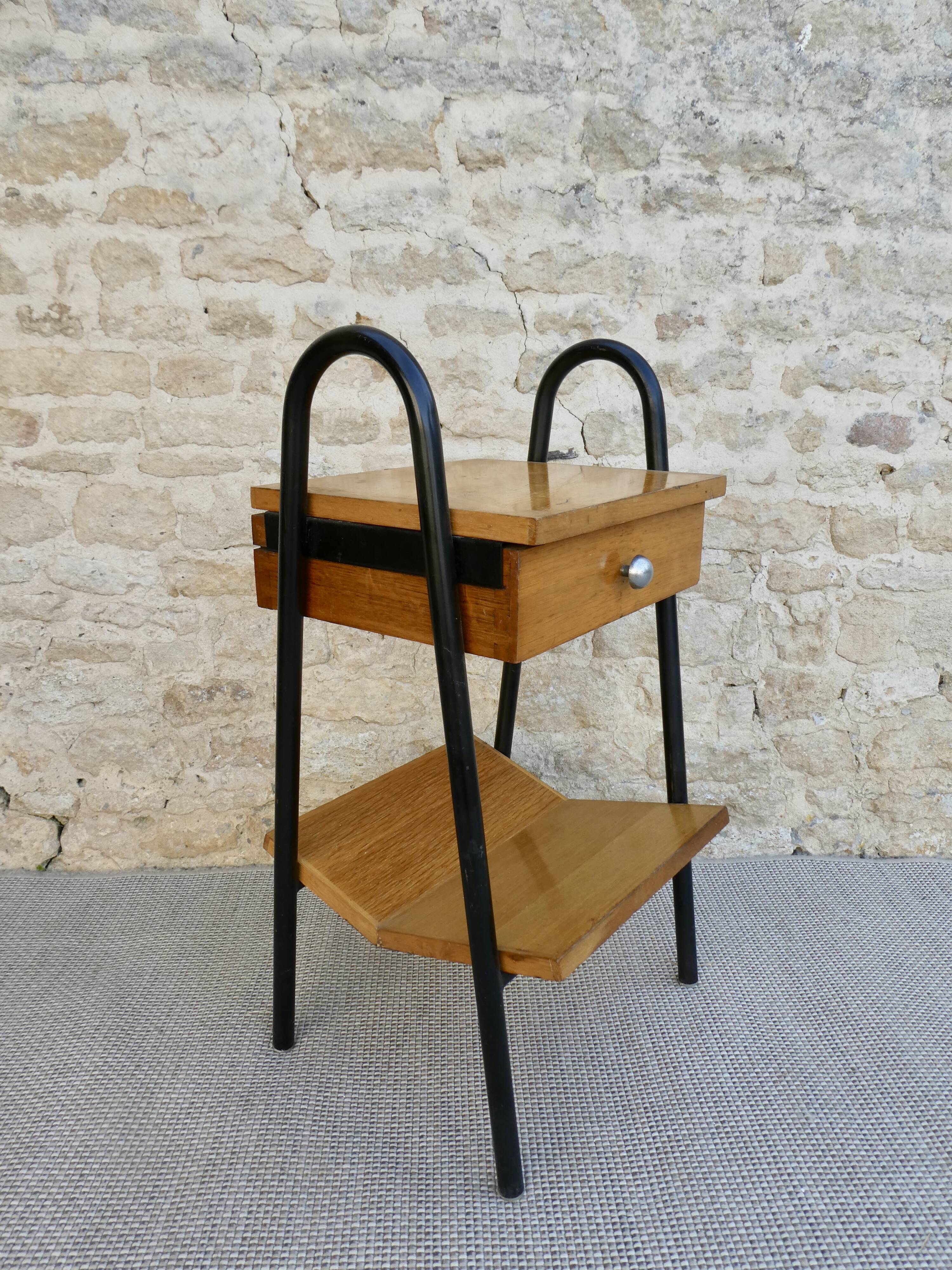Wooden and metal boarding bedside table, 60s