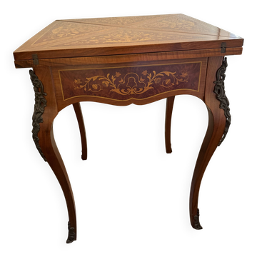 Louis XV style handkerchief game table with marquetry chess.