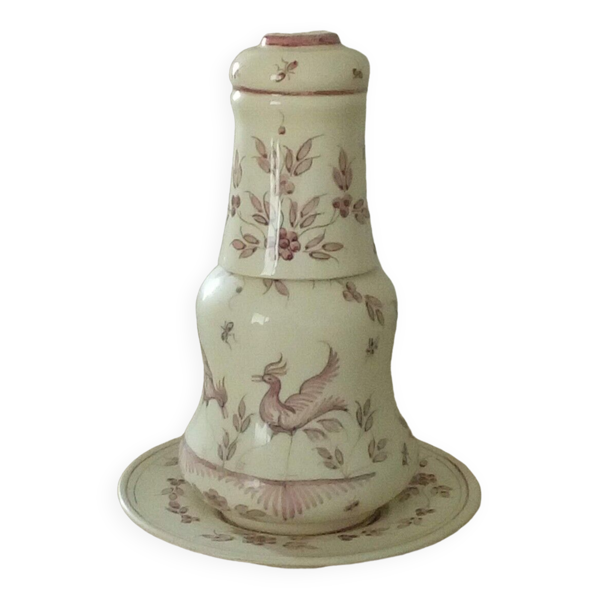 Service de nuit en faience de moustier carafe verre decor aux oiseaux